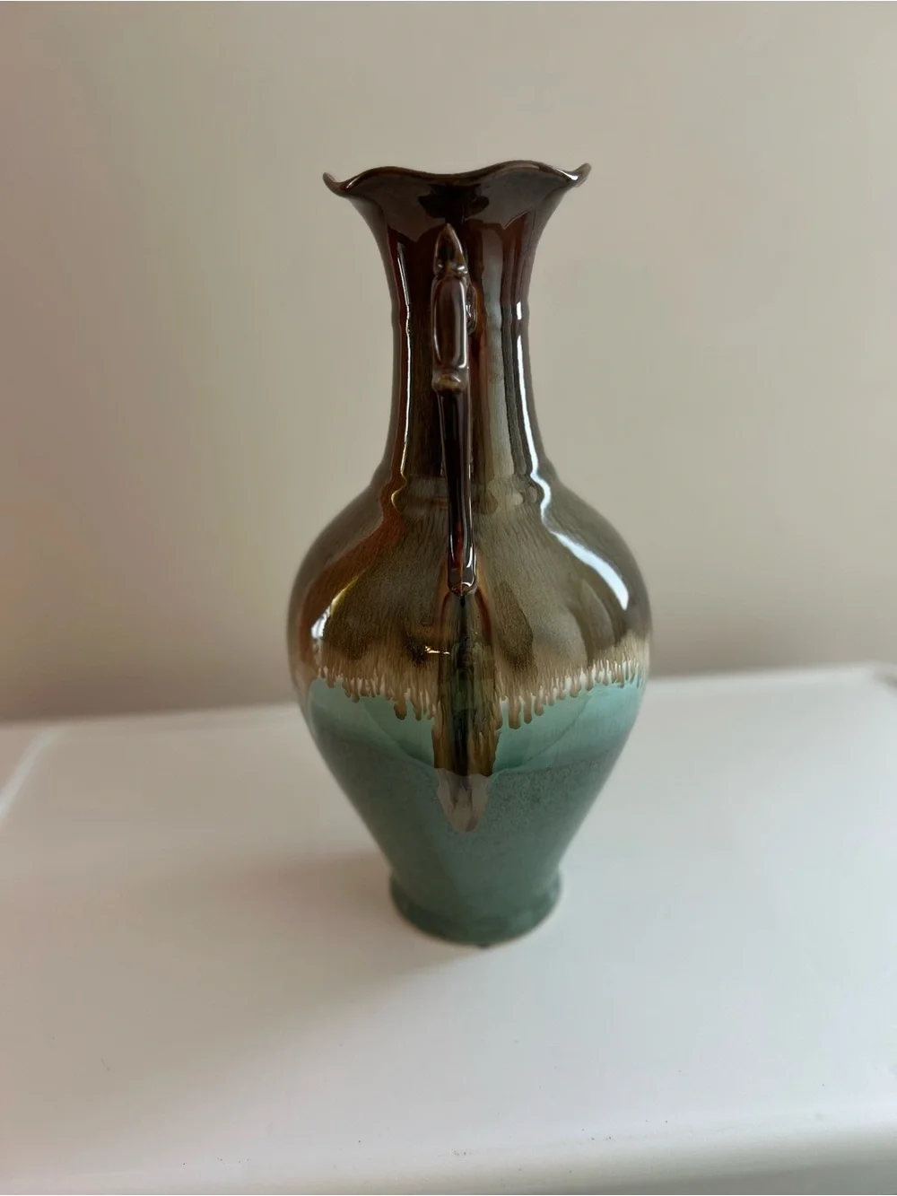 Glazed Ceramic Double-Handled Vase in Brown and Green